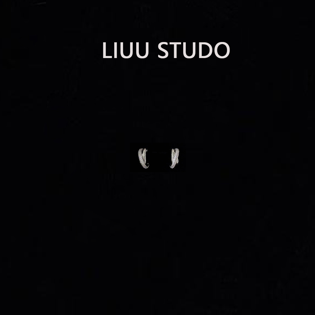 铜合金耳饰 银色立体三环 锆石镶嵌耳环