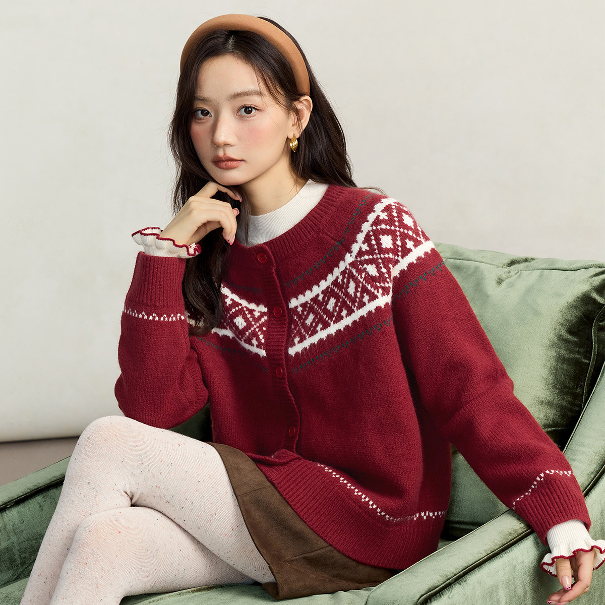 茵曼费尔岛撞色提花毛衣外套女2025秋冬款时尚复古慵懒针织开衫