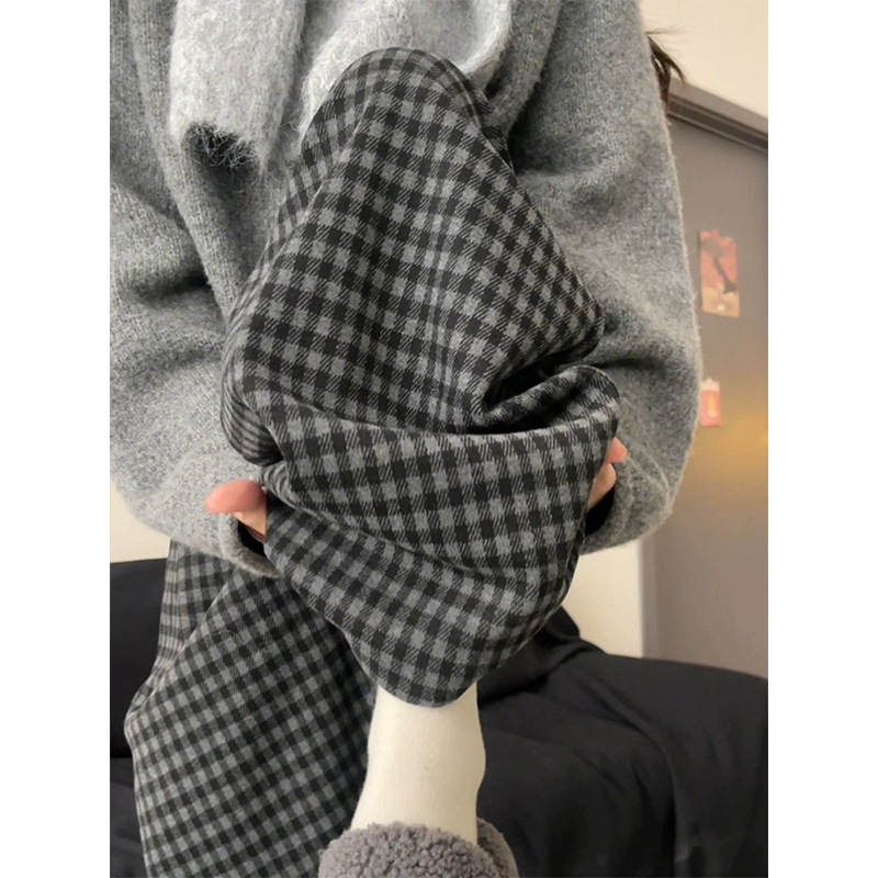 日系黑灰裤子女秋冬季撞色阔腿慵懒风格子裤垂坠感加绒休闲直筒裤