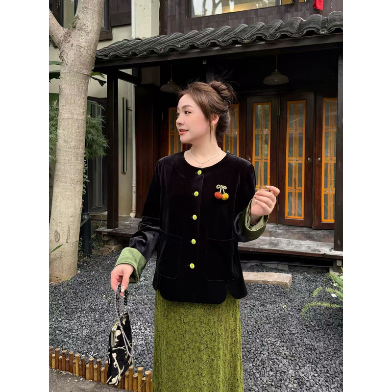 NANJIE/楠姐【绿芜】秋季气质贵气感丝绒拼色外套蕾丝半裙套装