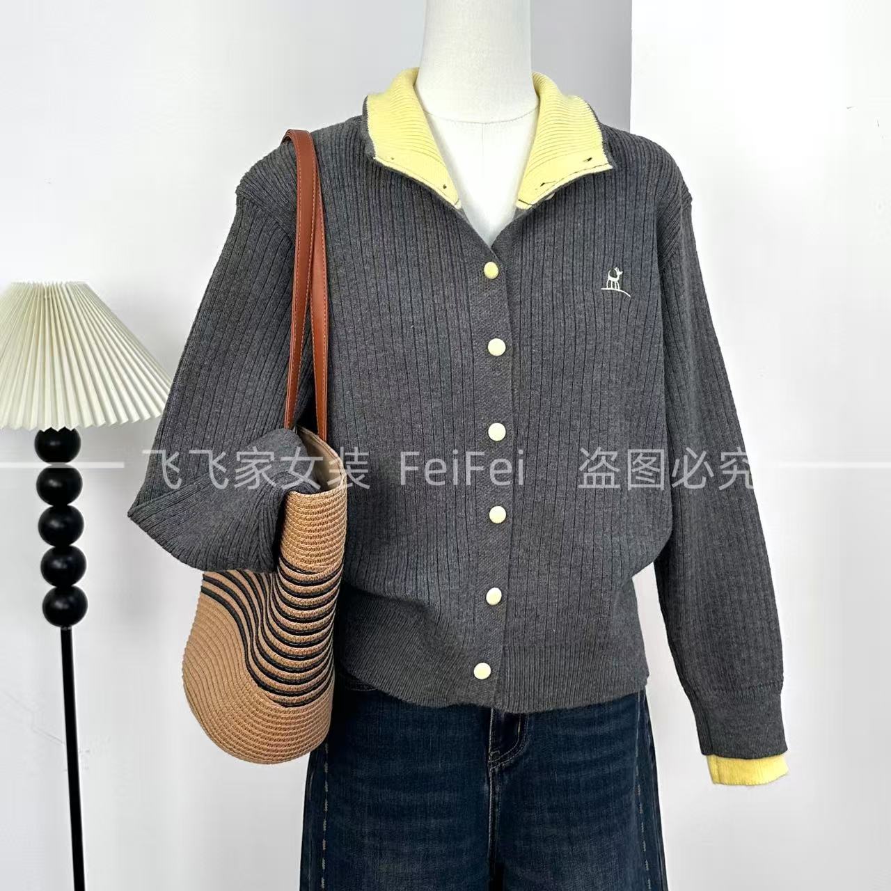 飞飞家~气质polo开衫！！刺绣气质翻领~百搭休闲#针织衫T188灰