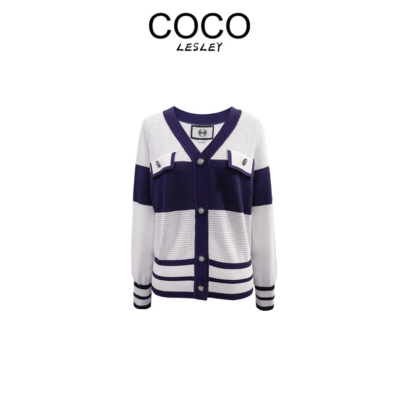 【COCO LESLEY】秋款拼色女短款针织衫休闲毛衣开衫1CK139