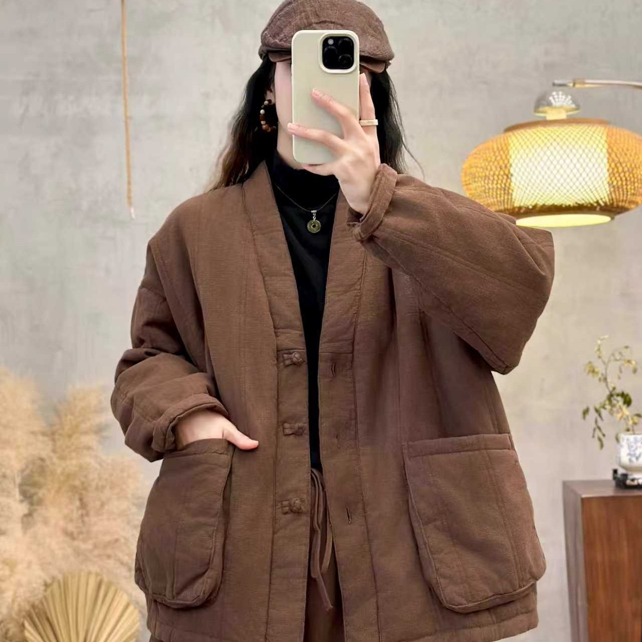 冬季新款文艺复古V领加厚棉服宽松百搭外套短款百搭休闲棉衣