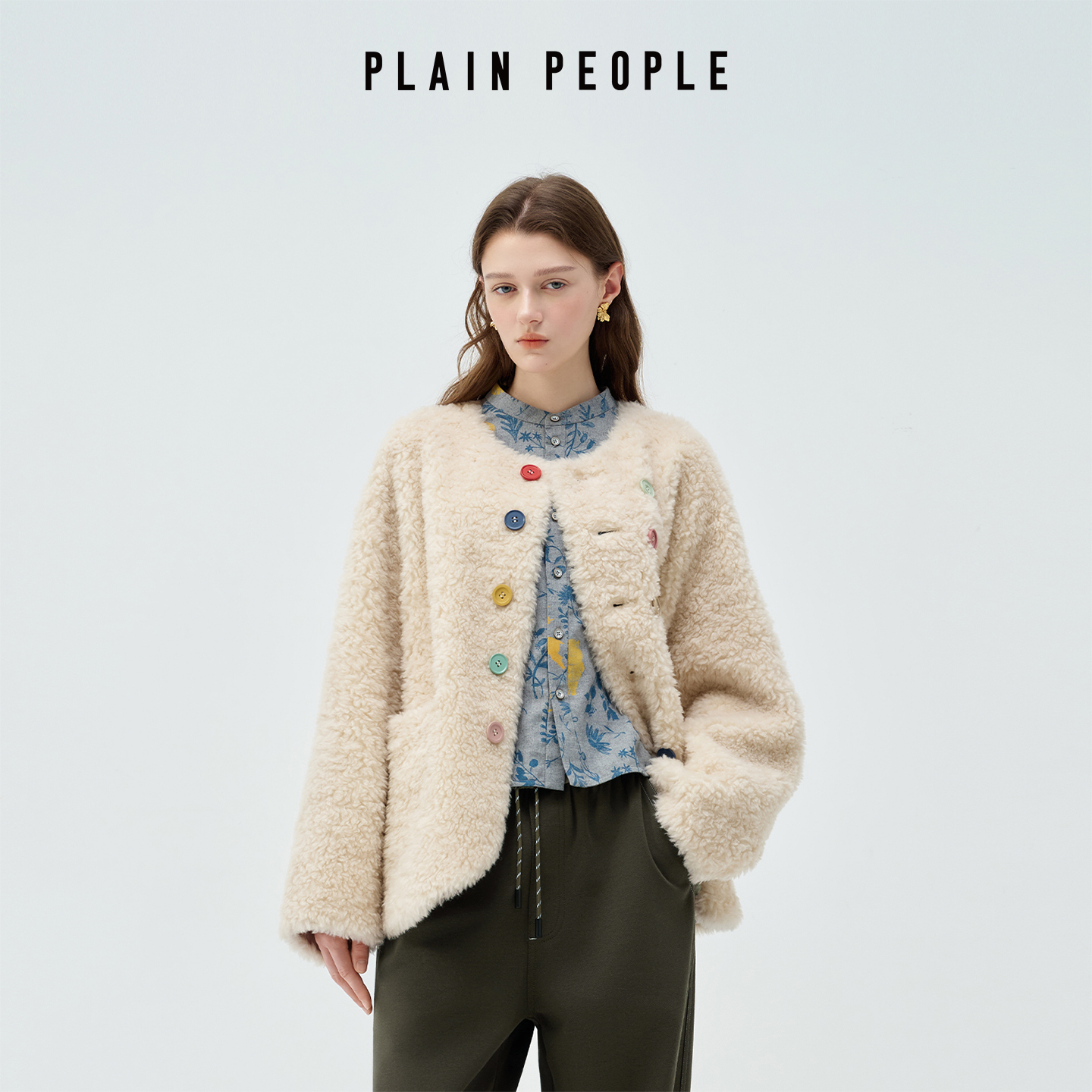 PLAIN PEOPLE复古彩色纽扣短毛绒厚外套米白色冬季新款UC0101D41
