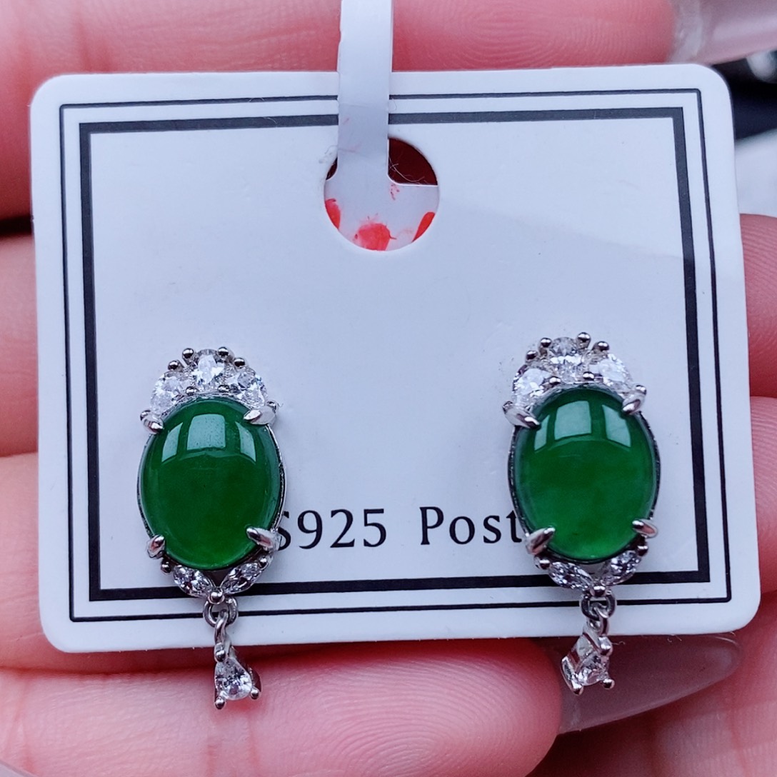 翡翠戒指银S925镶嵌耳钉