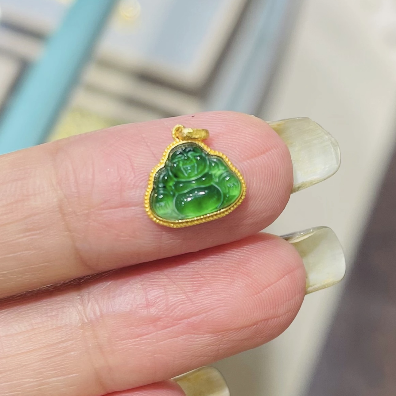 【送福珠宝】翡翠满绿佛公滴溜配饰18K镶嵌冰阳绿
