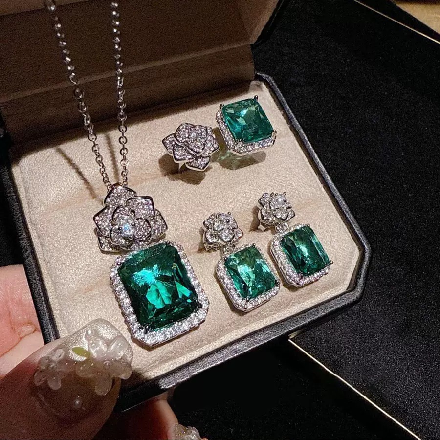 铜合金锆石戒指 璀璨姐妹绿百搭镶嵌时尚戒指耳钉项链BJ007