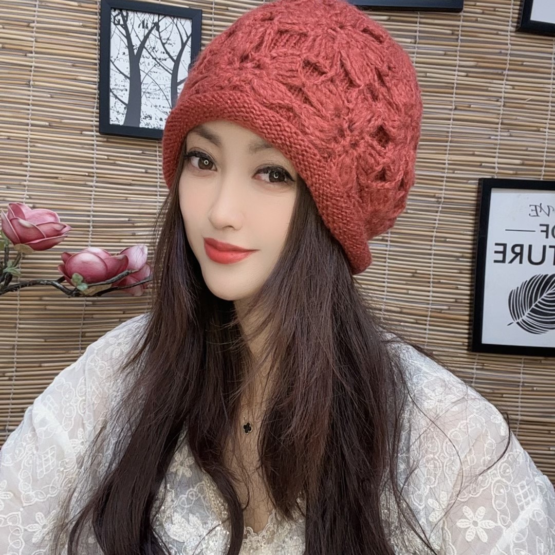 新款爆款秋冬（花朵卷边）帽子双层女款针织帽女士网红韩版时尚