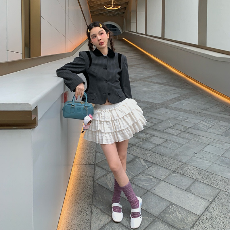 le rouge周美美 早春芭蕾风半身裙女蕾丝蓬蓬裙多层百褶蛋糕短裙