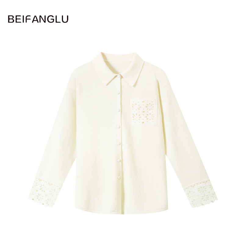 北方鹿【100%绵羊毛】法式钩花镂空衬衫领2026早春女士针织衫261017