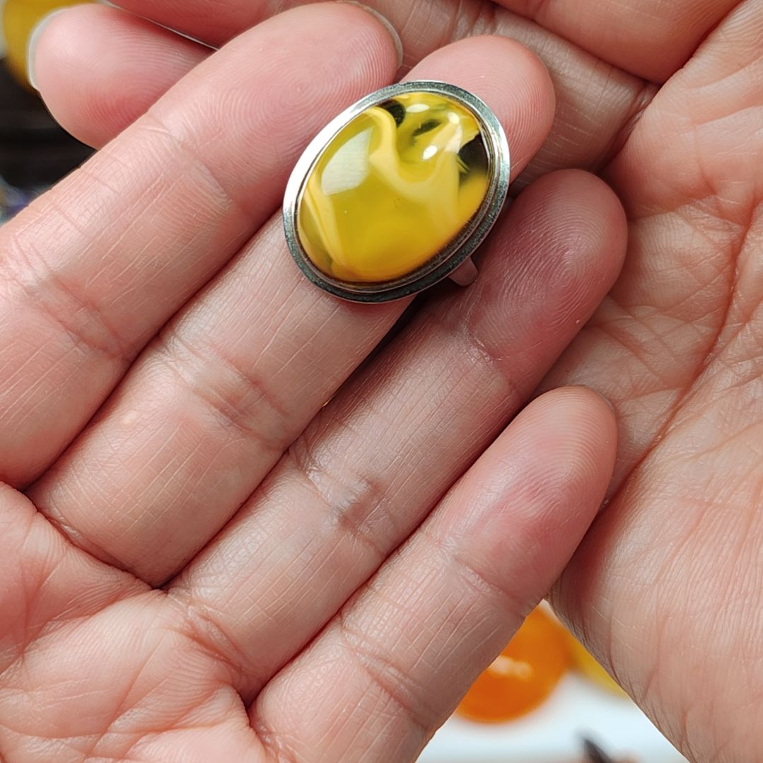 琥珀戒指银S925镀金镶嵌