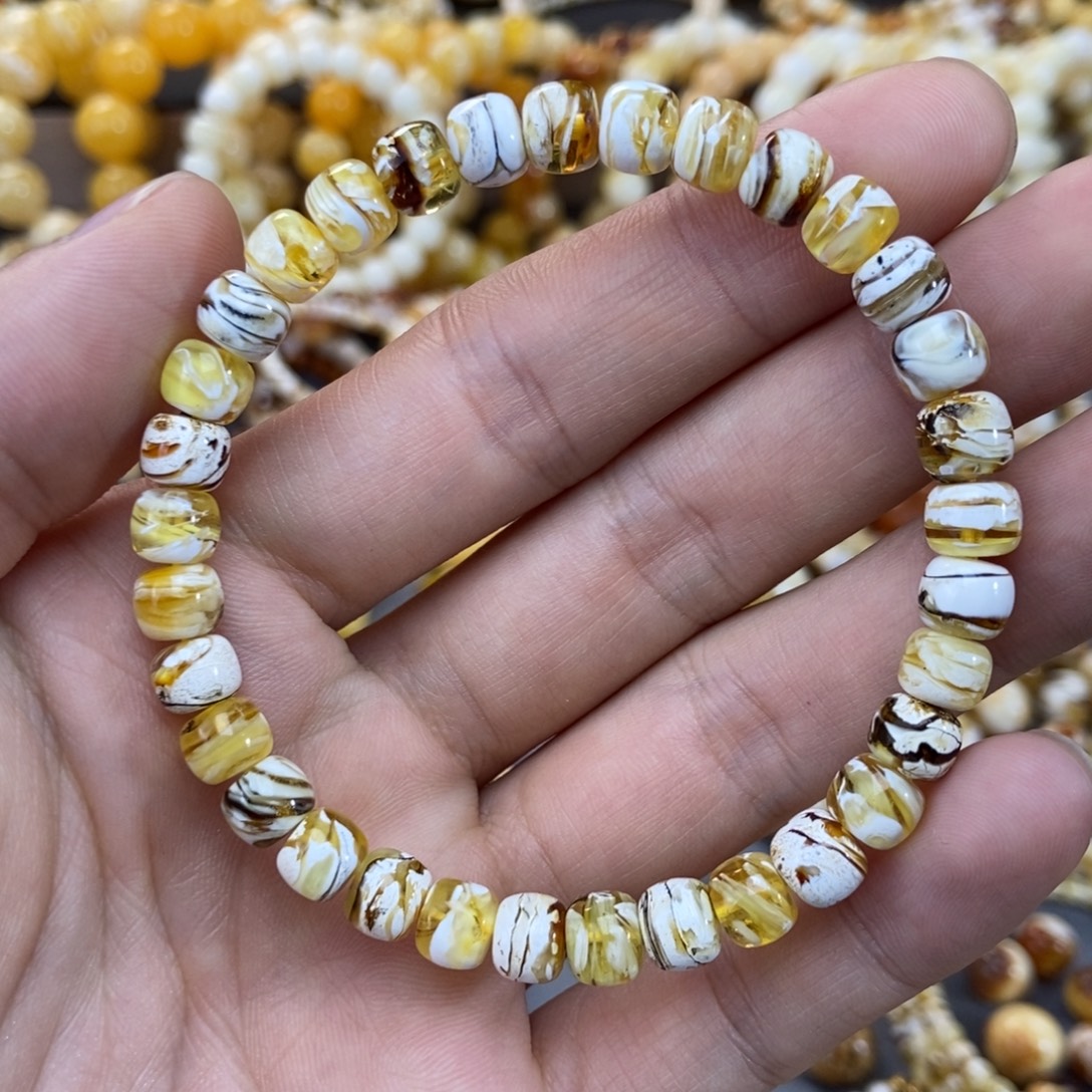 日***暖琥珀未镶嵌手链7mm尺寸沁色拉丝老型