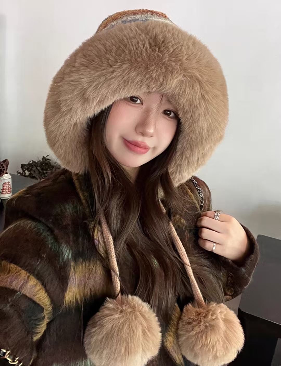 【帽子-三毛球彩条-蓝咖】柔软亲肤透气保暖时尚