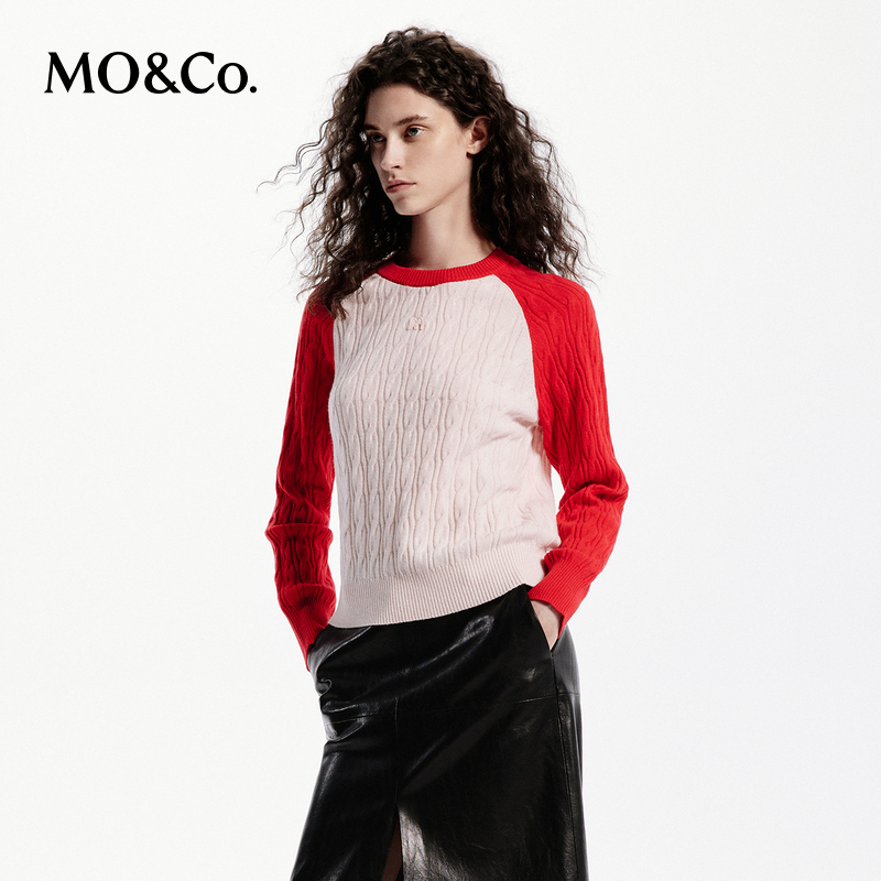 【粉丝专享】MOCO冬季含山羊绒绵羊毛绞花插肩袖针织衫MBC4SWTK03
