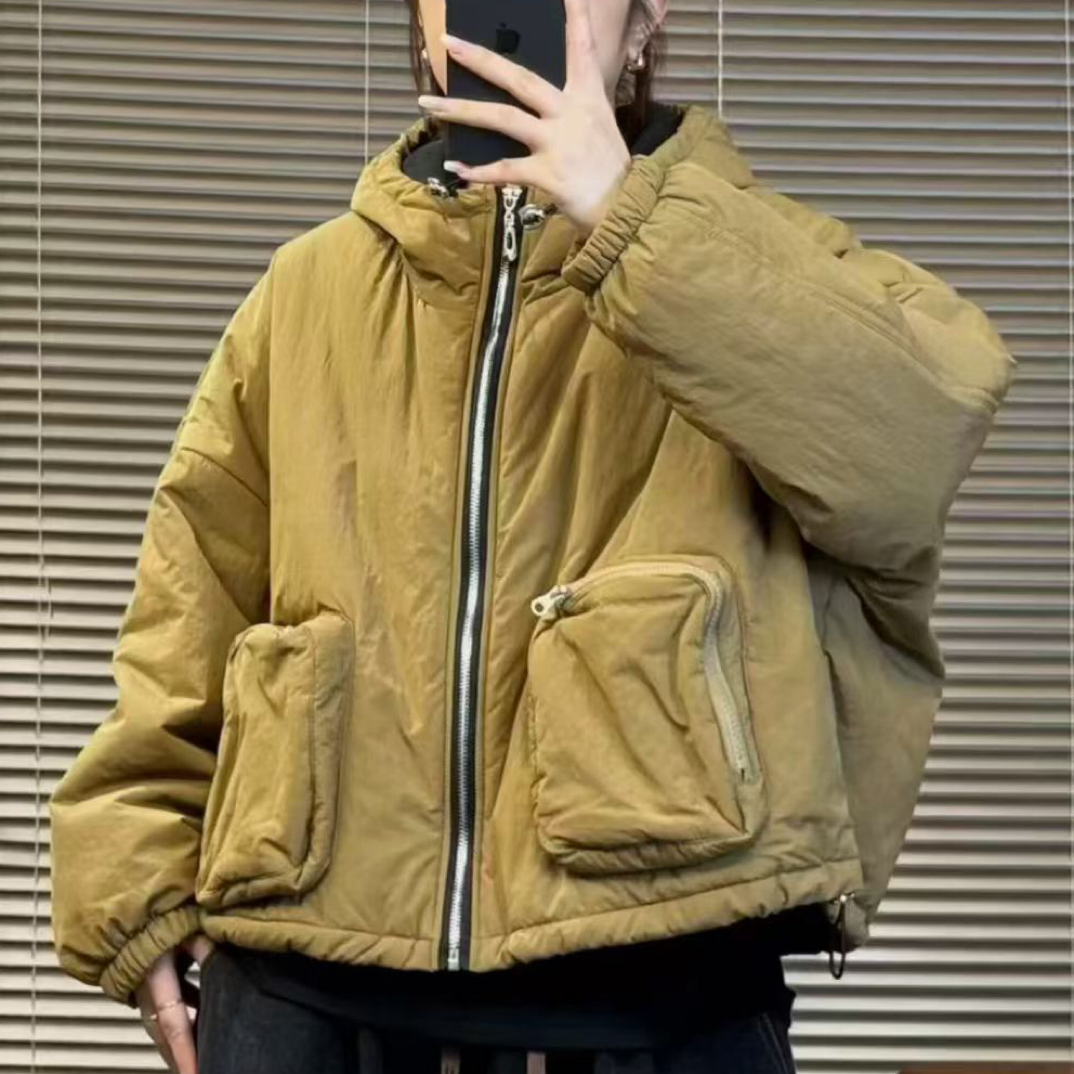 新款冬季连帽简约纯色休闲百搭宽松时尚小短款棉服外套