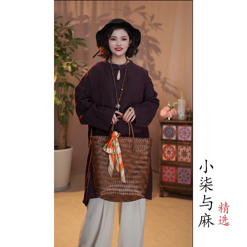 【柒悦】炒色立领三粒扣色织麻中长款茶服（衣长84胸围130）酒红色