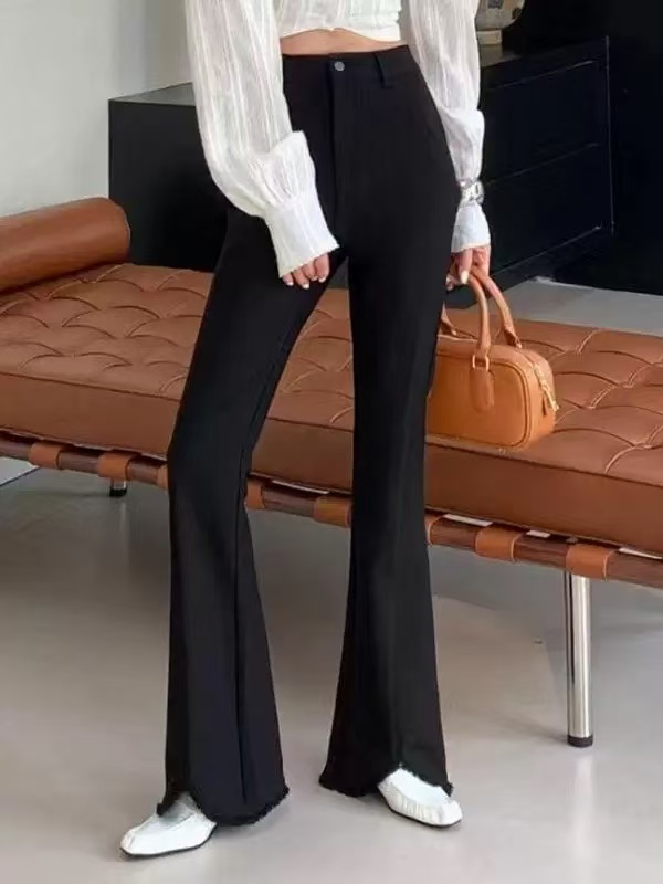 99009新款高腰微喇叭裤黑色裤子垂感显瘦毛边长裤女欧货潮NJ