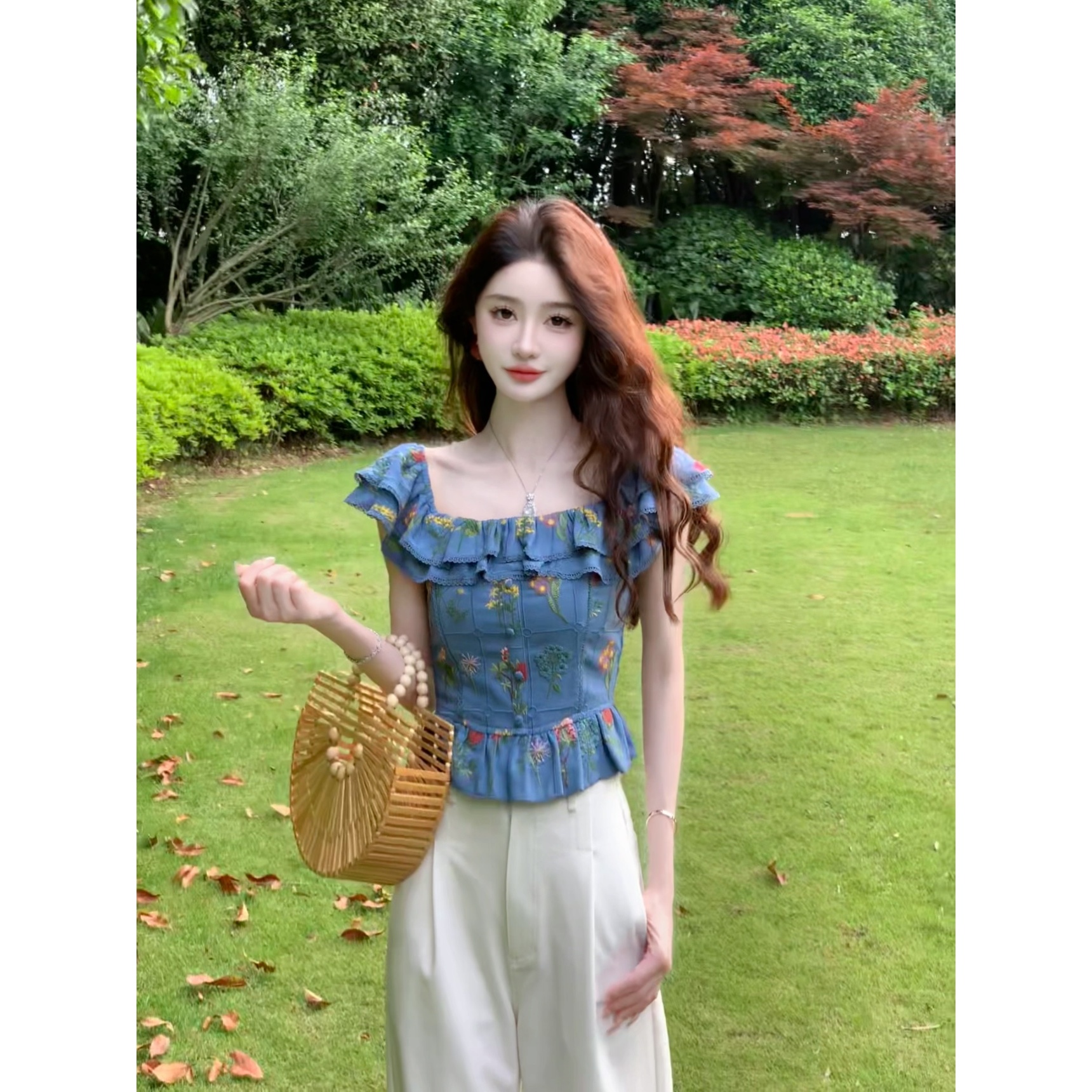 西恩定制●【夏日夜藤花】普鲁士蓝复古花卉刺绣碎花上衣JJX5SY1403