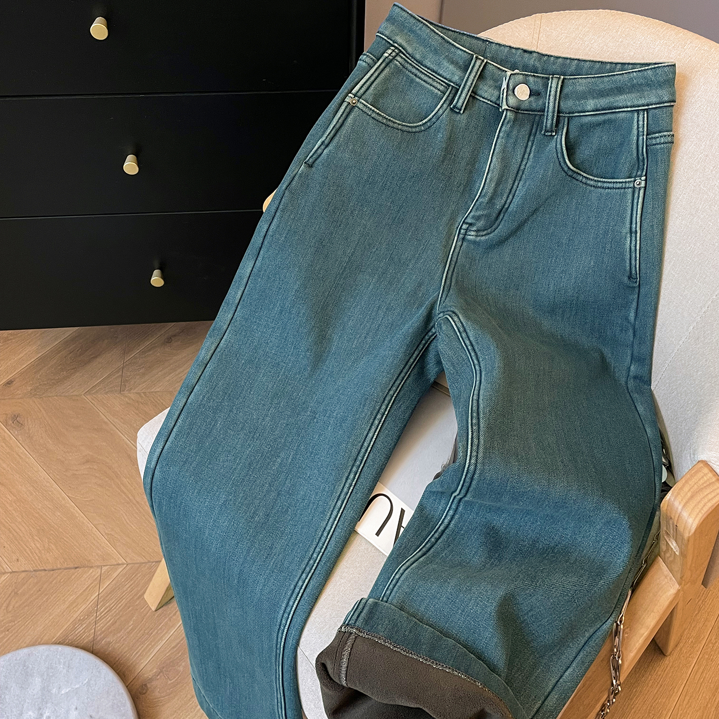 小C家 复古直筒加绒牛仔裤女2025新款冬加厚休闲宽松高腰显瘦裤子