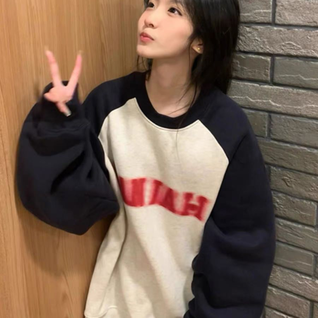 重磅美式复古插肩袖卫衣女秋冬季新款圆领无帽上衣