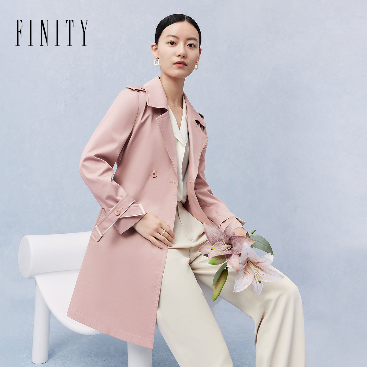 【粉丝专享】FINITY 新款百搭收腰中长款双排扣风衣 F21XCD20F3