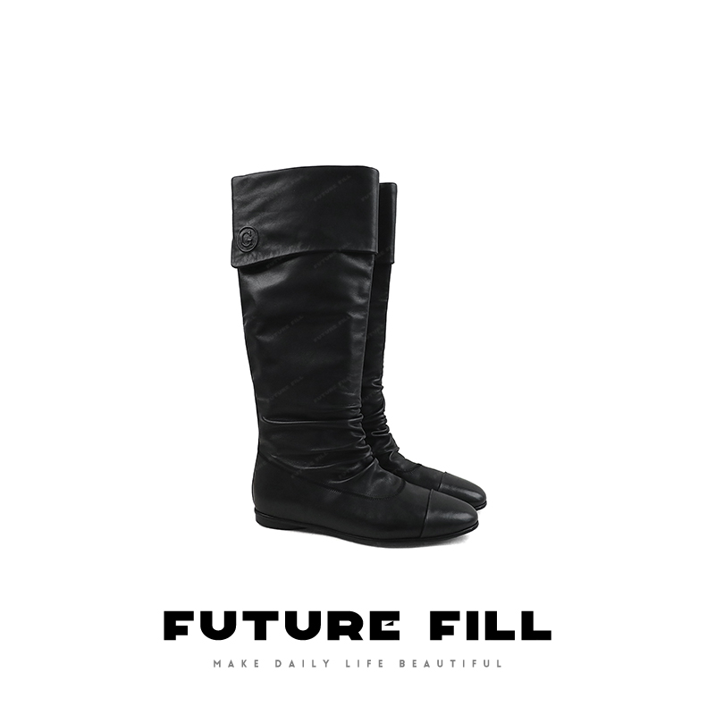 德比利堆叠概念牛皮水洗堆堆靴长筒两穿秀场时装骑士靴