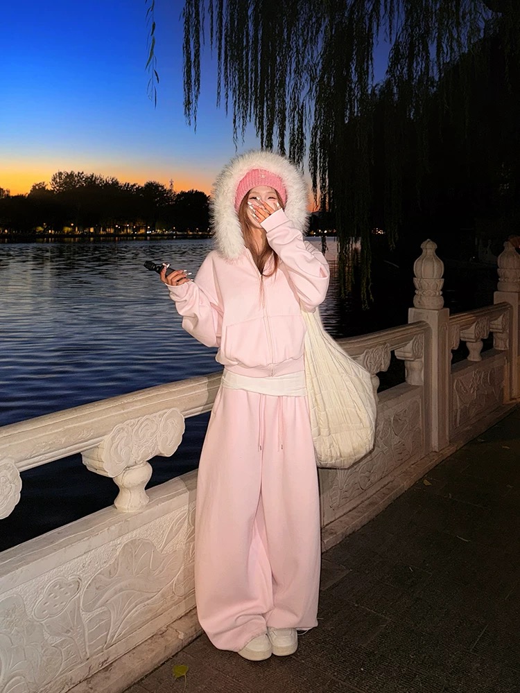 美式连帽可拆卸毛领加绒加厚短外套+卫裤套装秋冬休闲显白套装