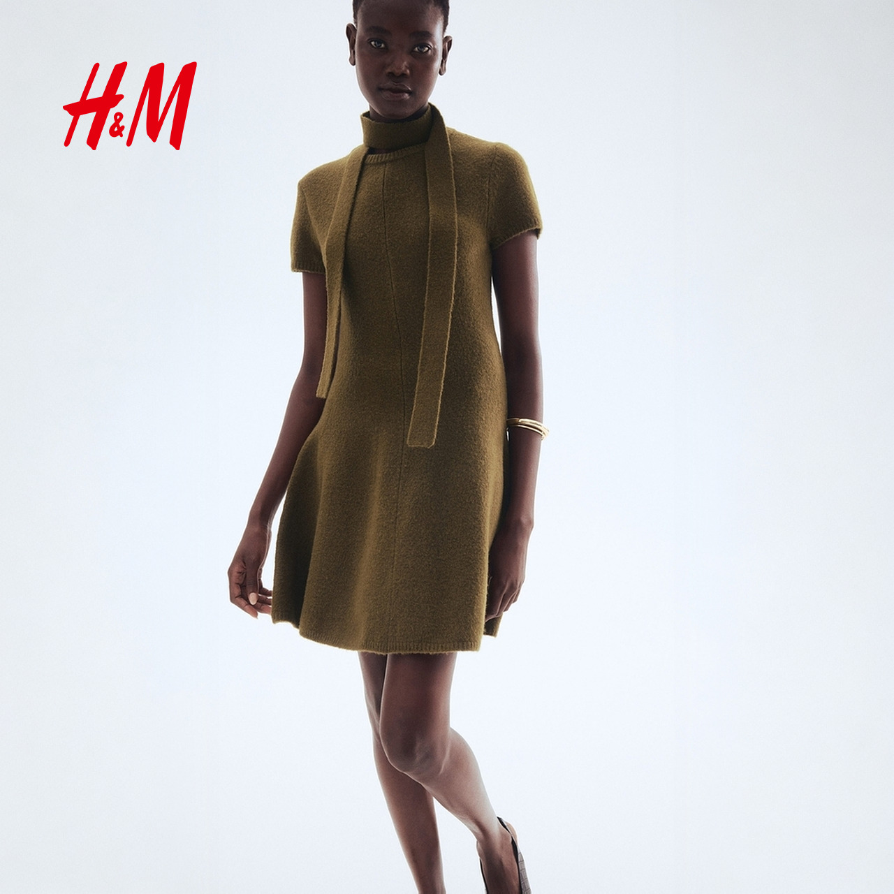 HM女装25秋季新款围巾装饰针织连衣裙1299726流光风