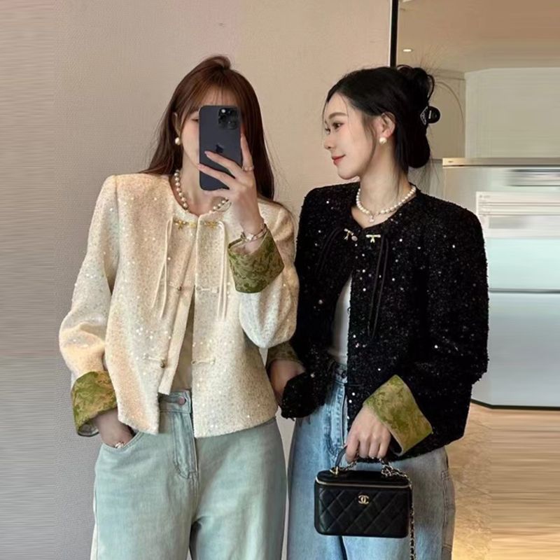 小香风重工亮片外套女2024春秋新款高级感新中式国风盘扣短款上衣