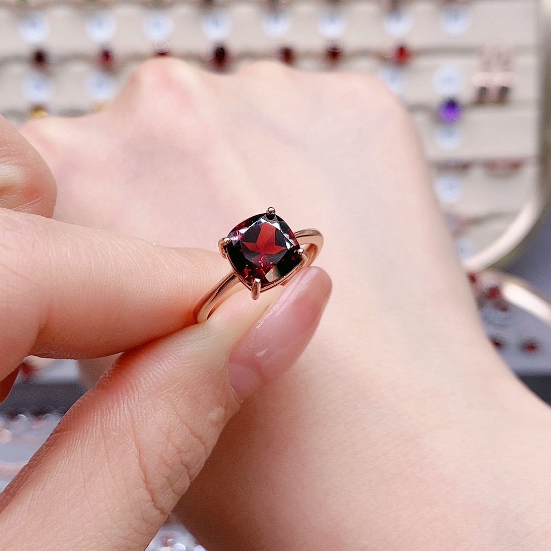 石榴石戒指银S925镶嵌戒指