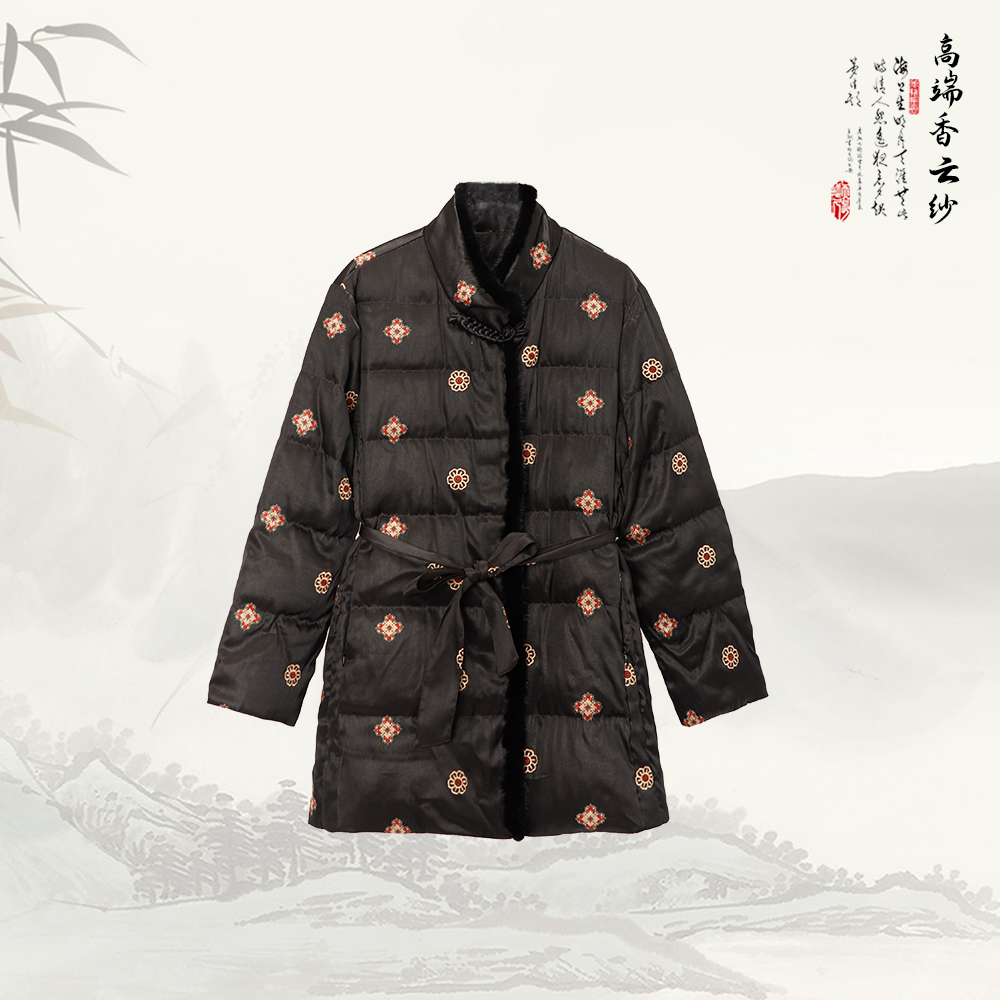 新款香云纱重缎重工刺绣宽松显瘦貂毛拼接鹅绒服54171