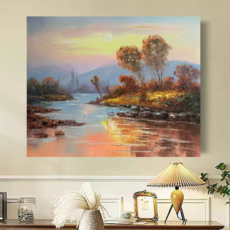 《溪畔月晖》50*60含内框，刘春建手绘油画装饰画客厅背景墙挂画