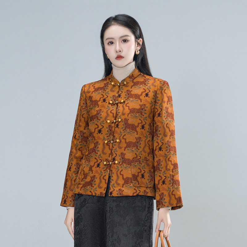 100桑蚕丝（福虎）新中式小立领提花显瘦气质复古短裤驼绒棉服61042