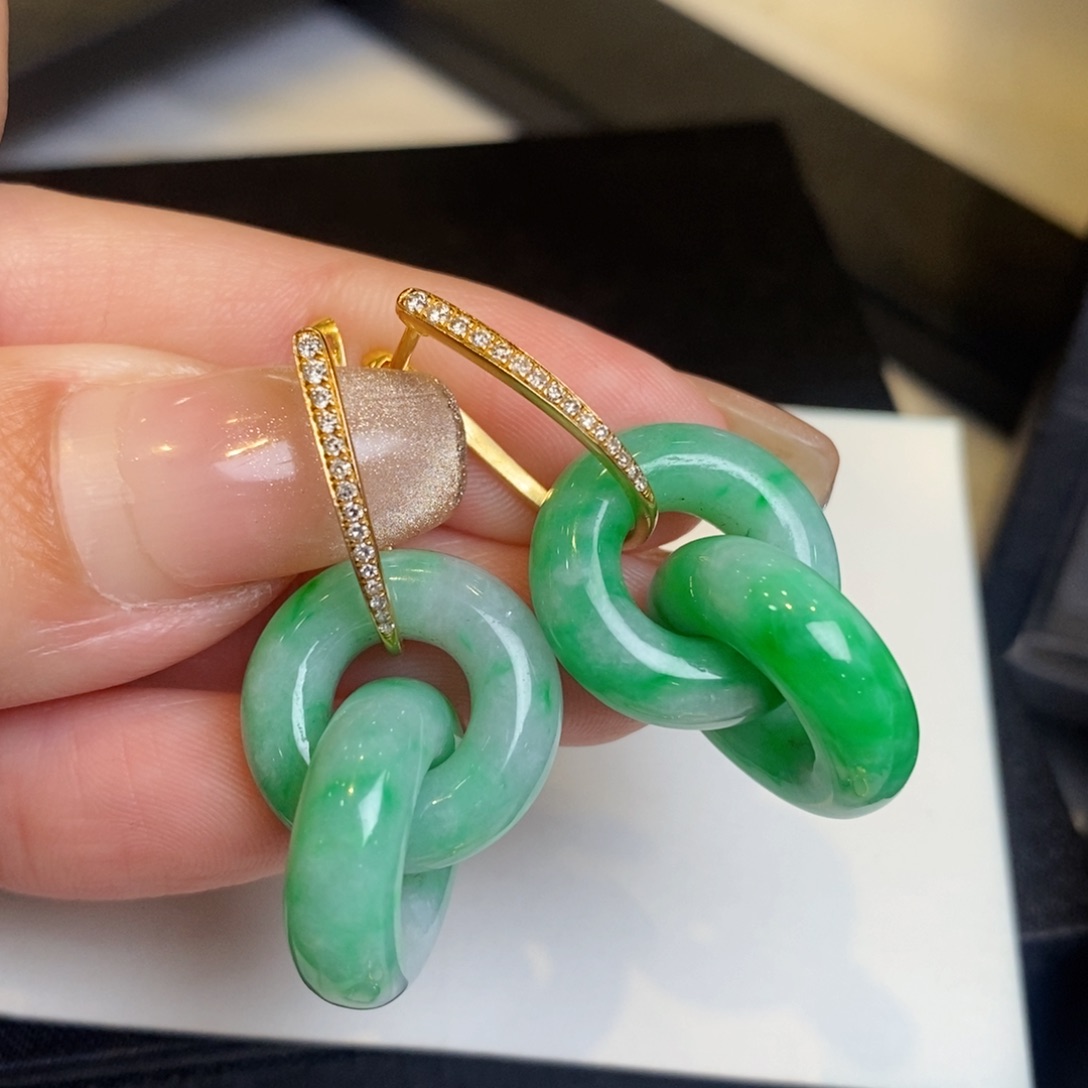 翡翠耳饰18K金镶嵌双环