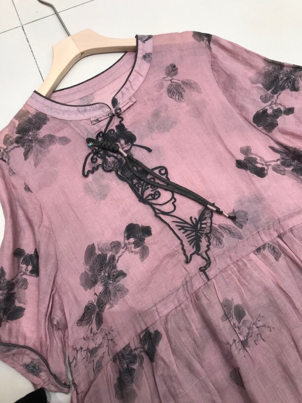 百分百苎麻蝴蝶刺绣文艺复古水墨丹青苎麻长款连衣裙