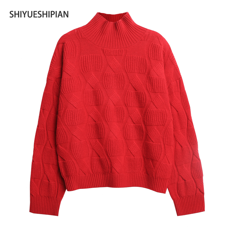 设计感高领毛衫女2025冬新款宽松休闲绞花套头针织衫羊毛衫6276