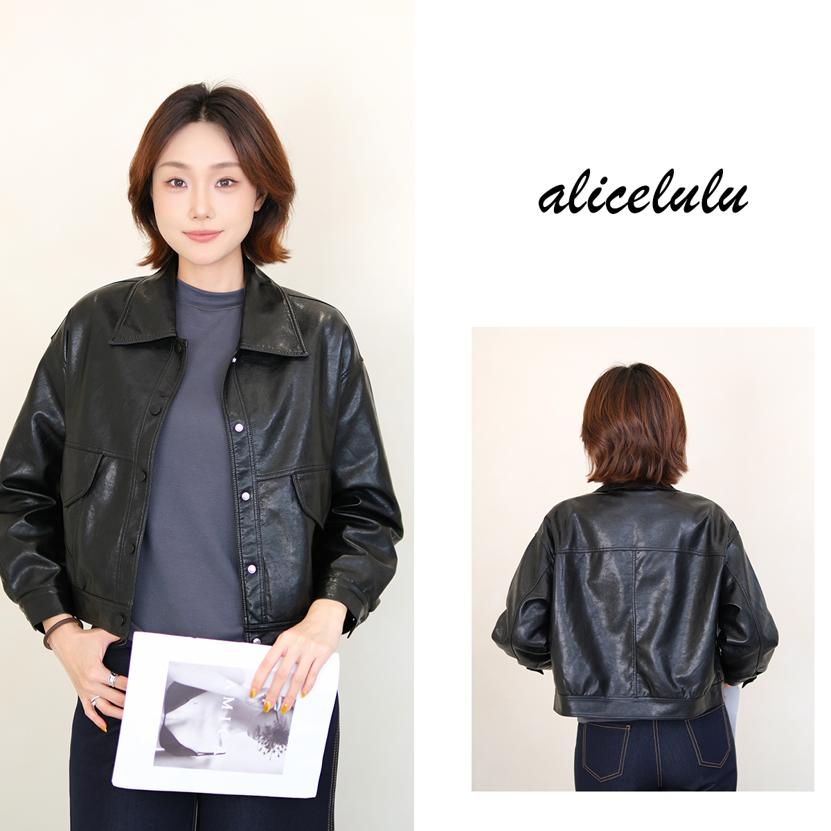 5 alicelulu机车女孩复古飞行侠夹克皮衣廓形短外套S2144397Ur