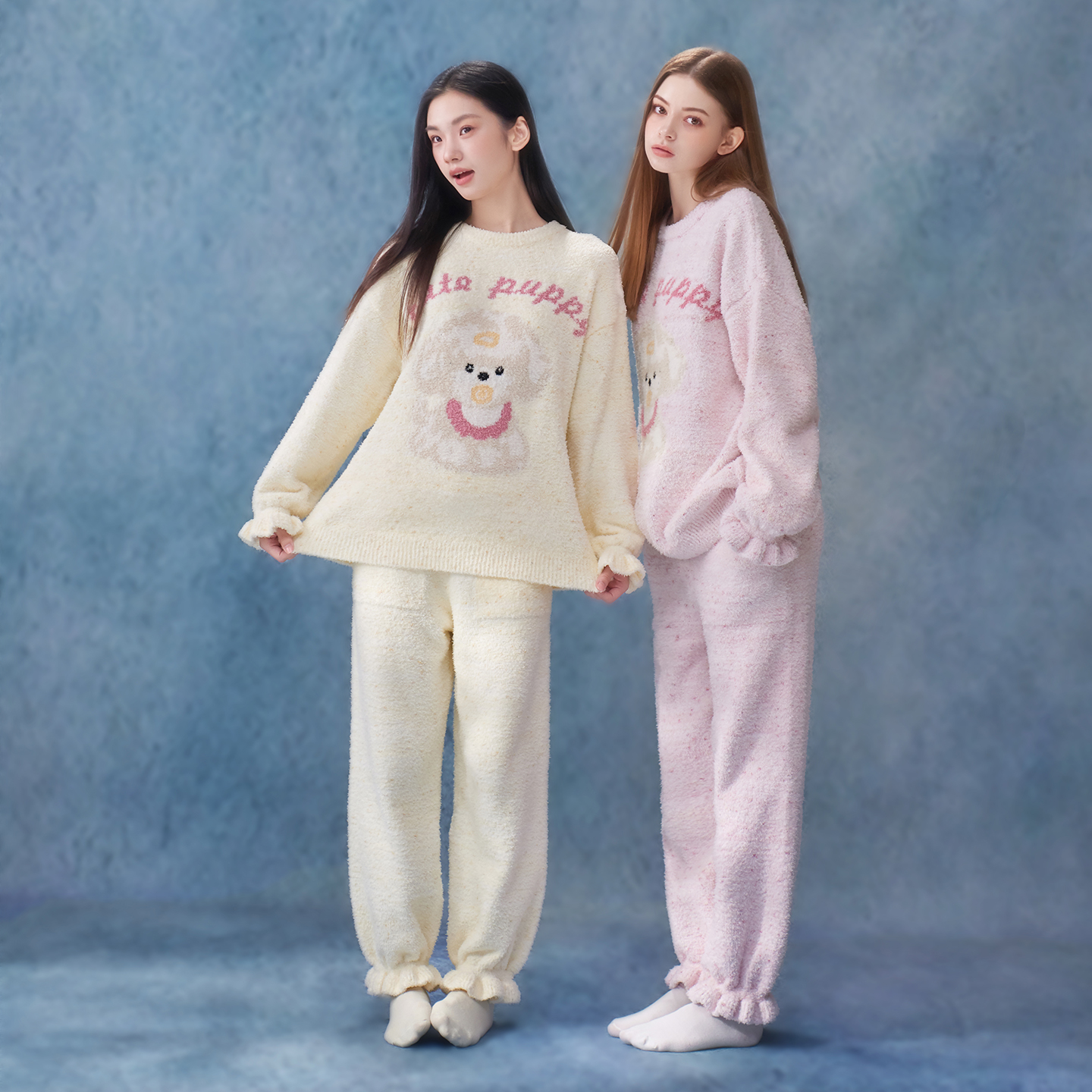 马克公主甜美可爱半边绒睡衣女冬季加厚萌趣小狗奶呼呼毛绒家居服