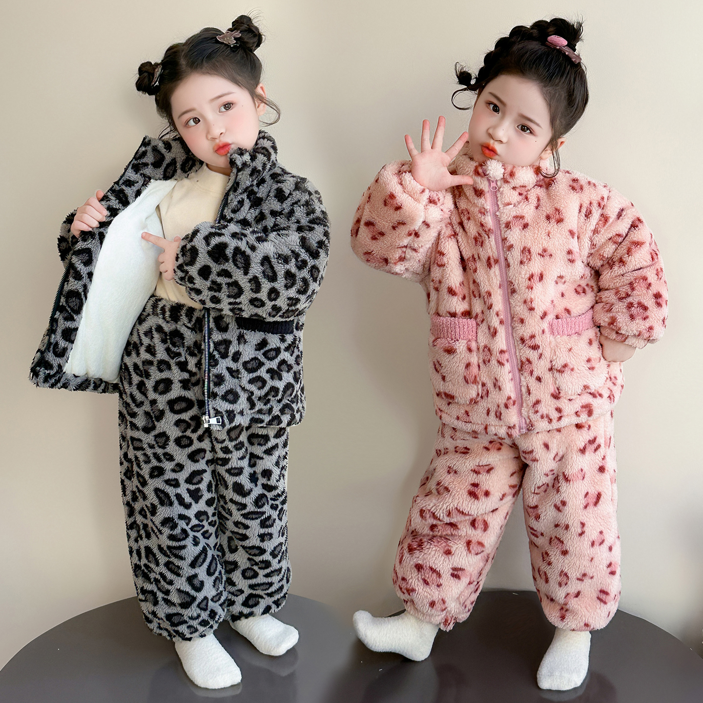 儿童珊瑚绒豹纹睡衣冬季女童三层夹棉加厚家居服宝宝洋气保暖套装