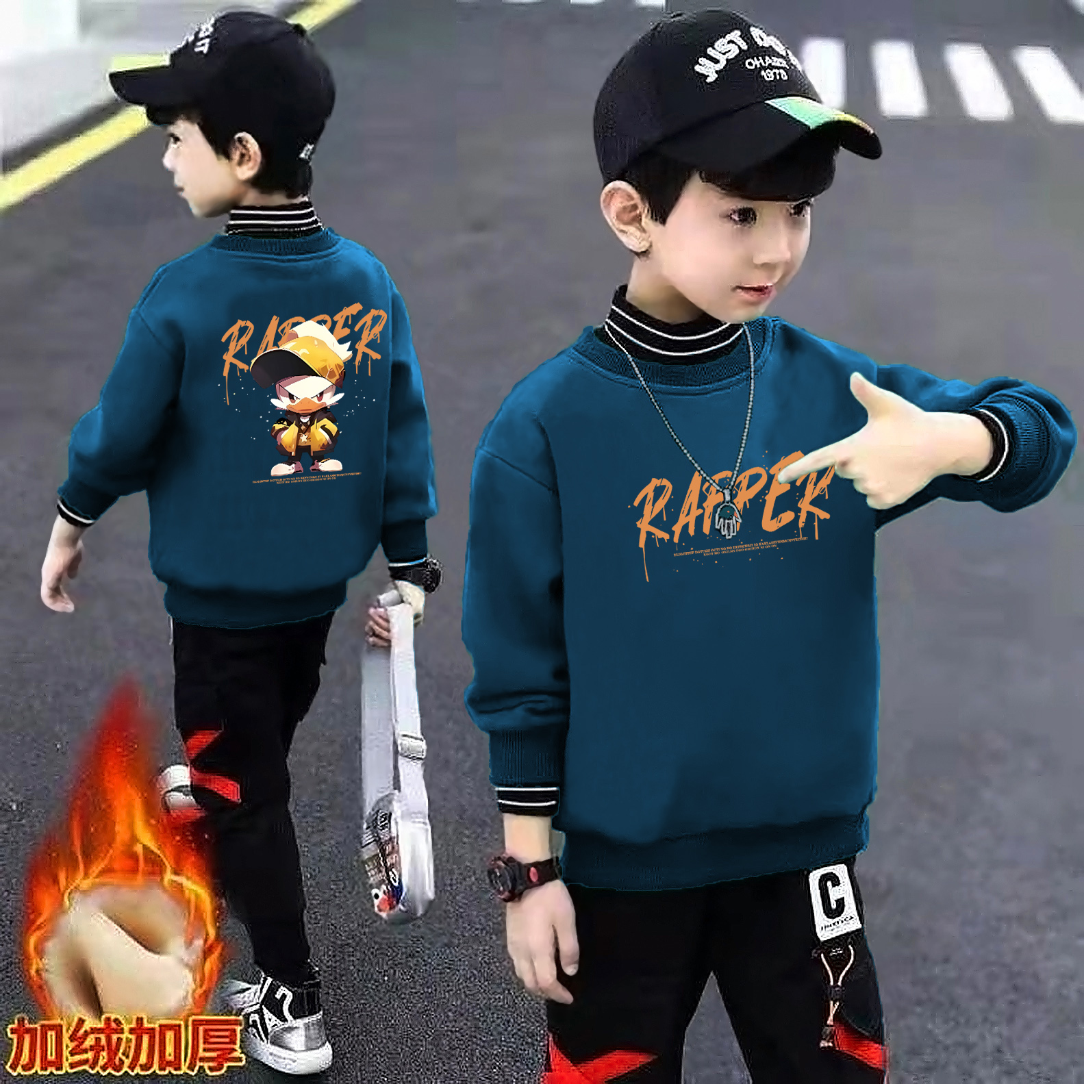 儿童上衣加绒加厚中大童童装洋气男孩冬款秋冬装男童卫衣加绒打底