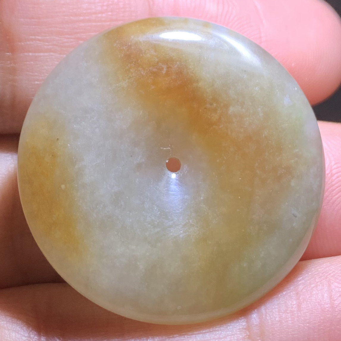 【冰黄•大平安扣】缅甸天然A货翡翠糯冰黄翡大马坎半山半水特色扣子