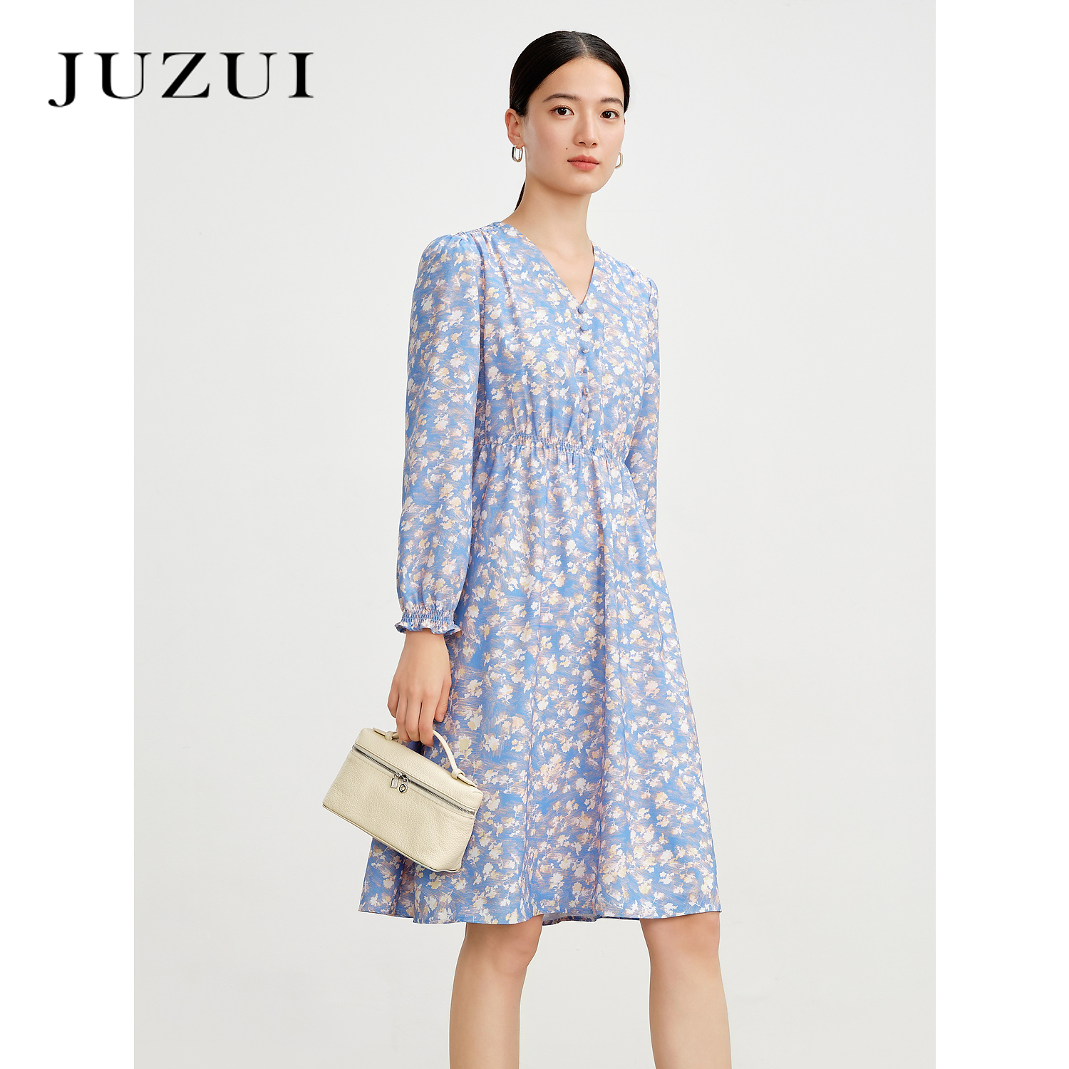 玖姿安娜蔻清新浪漫印花V领打褶晕染花长袖连衣裙女2024春季新款