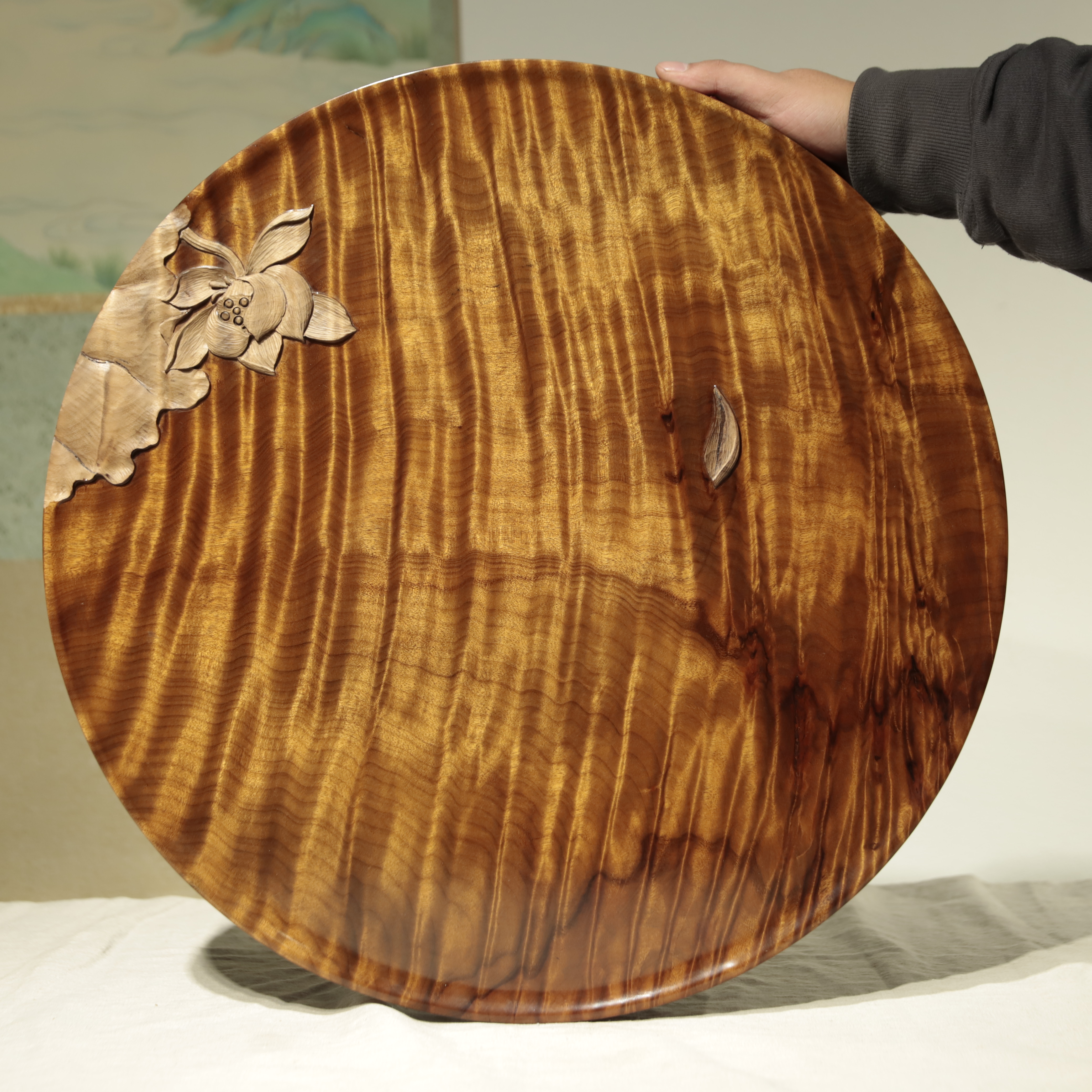金丝楠阴沉荷韵水波纹精品圆盘茶盘49cm*4.5cm