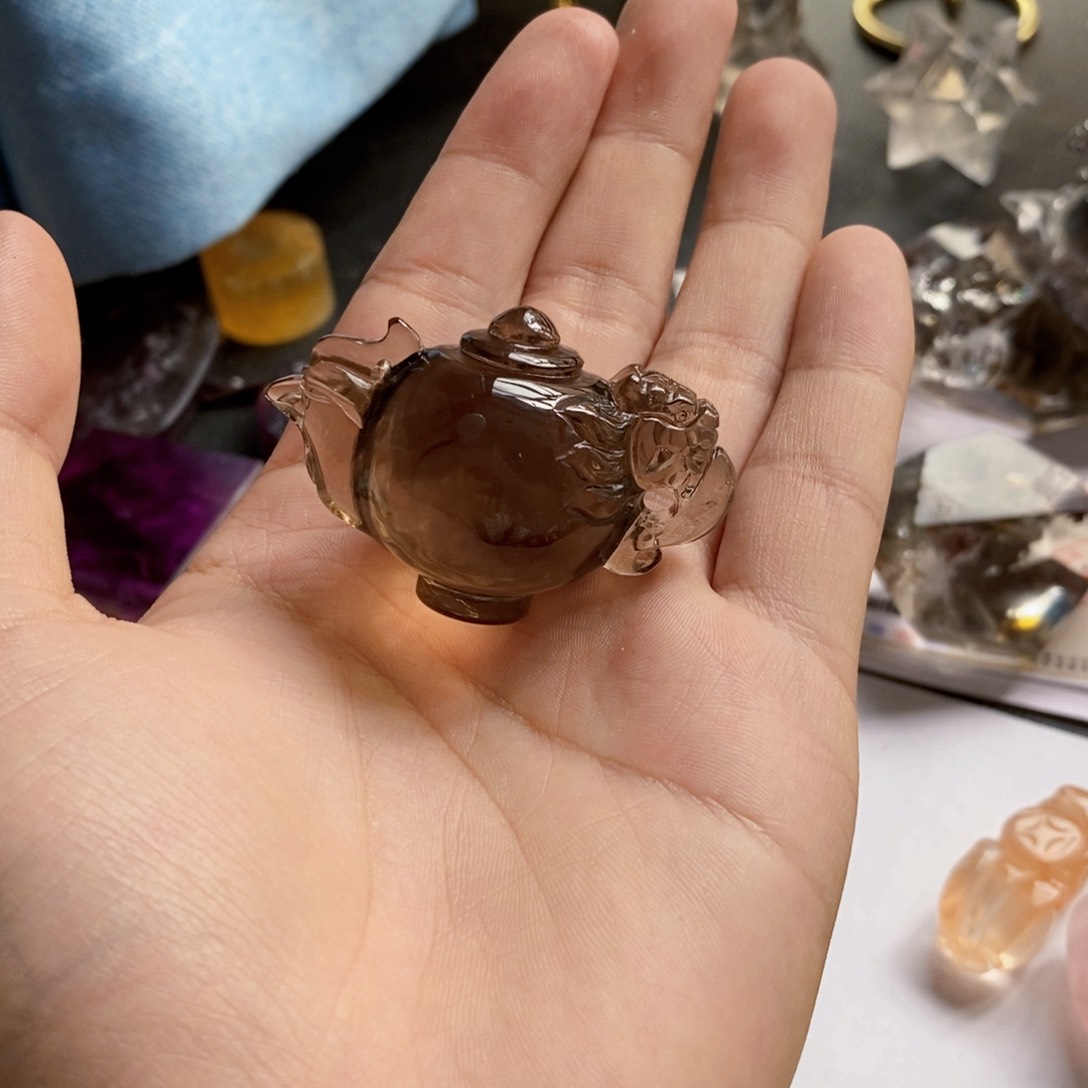 天然茶水晶龙凤壶未镶嵌水晶光**足