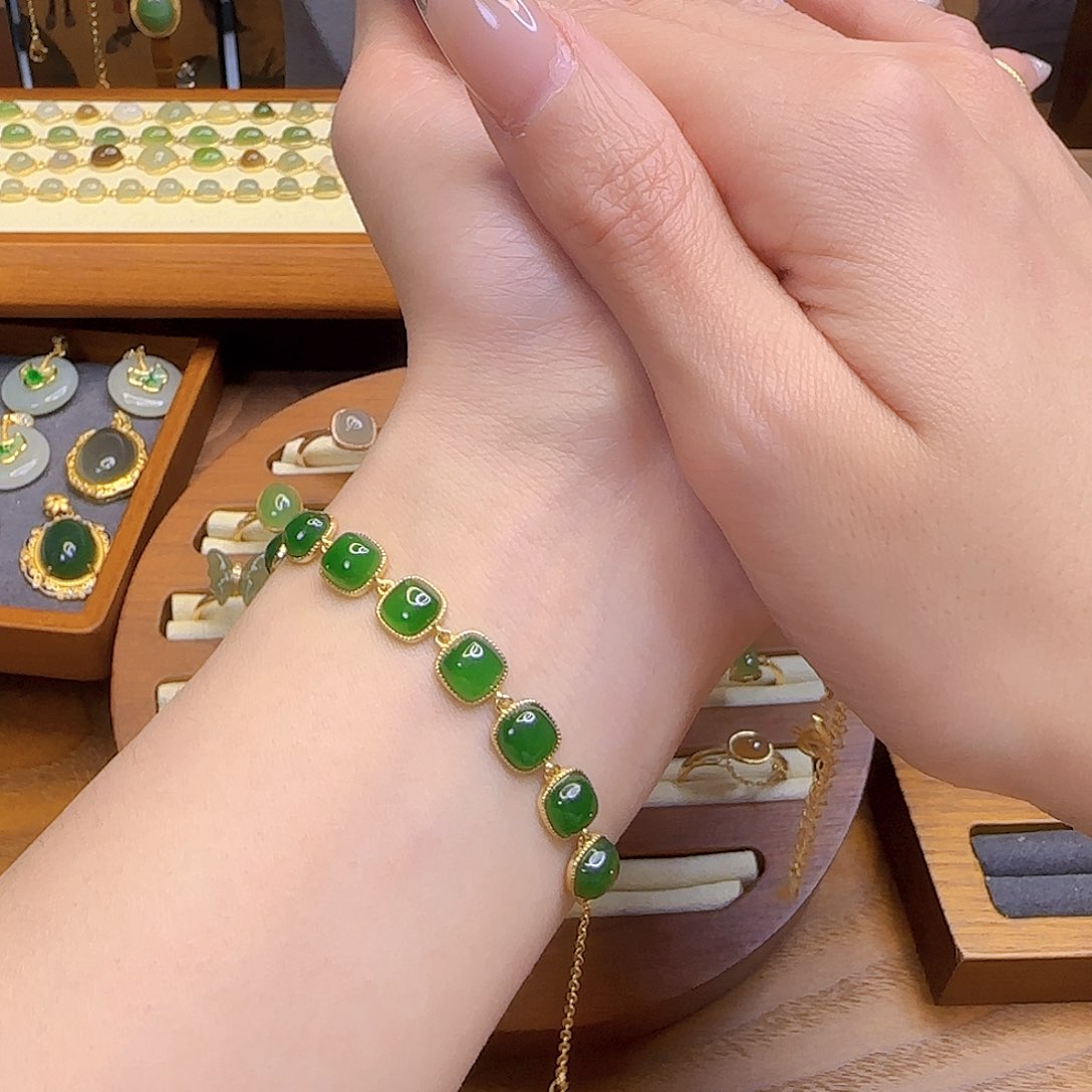 和田玉手链银S925镀金镶嵌