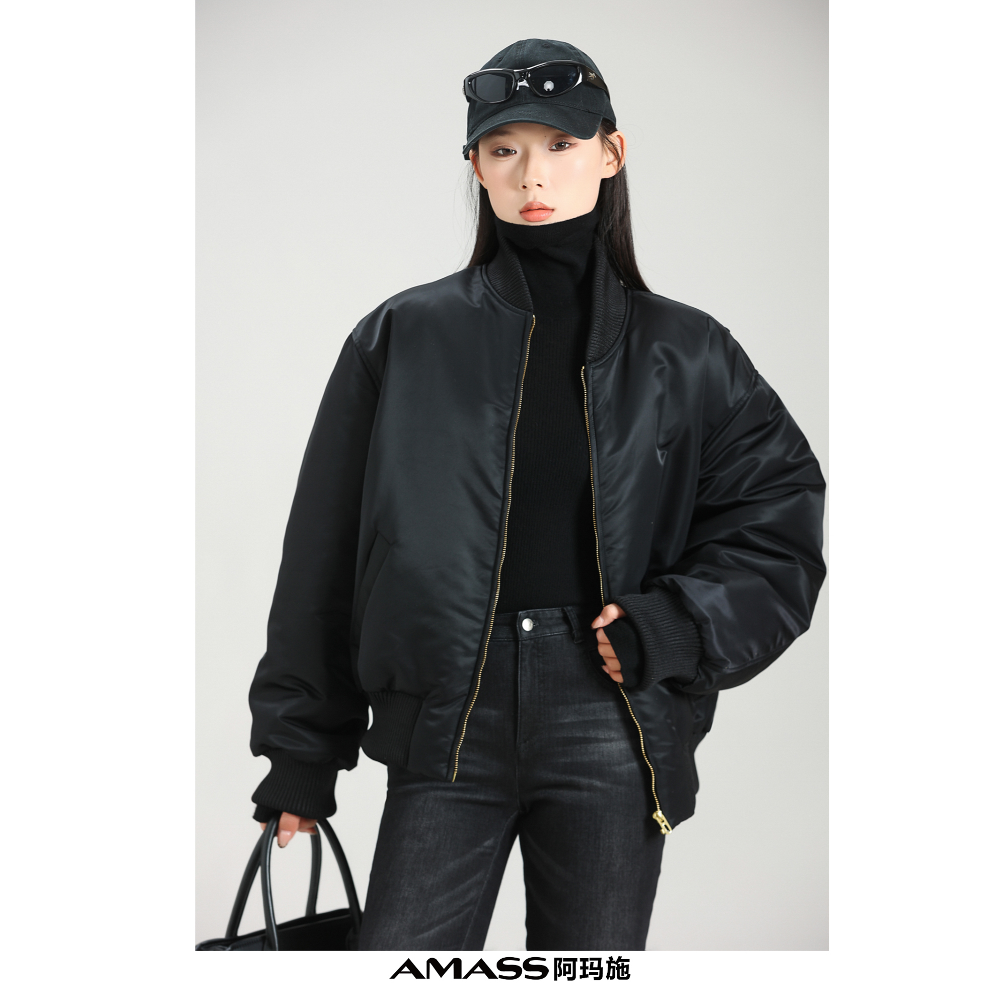 AMASS/阿玛施高能感秋冬新款时尚短款黑色新雪丽面包棉服5400824 
