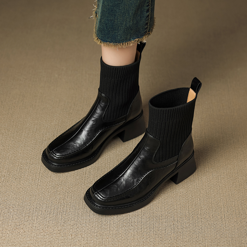 ZM秋冬网红时尚百搭方头厚底针织弹力复古显瘦瘦瘦靴601