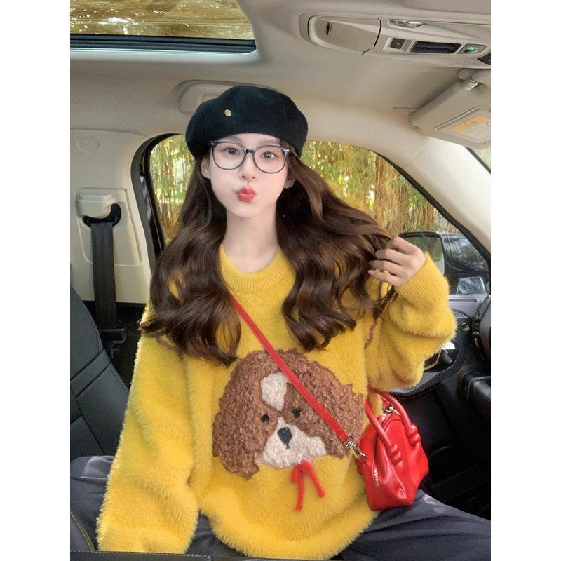 巨好看减龄绝美漂亮针织学院风卡通刺绣黄色毛衣开衫厚外套女新款