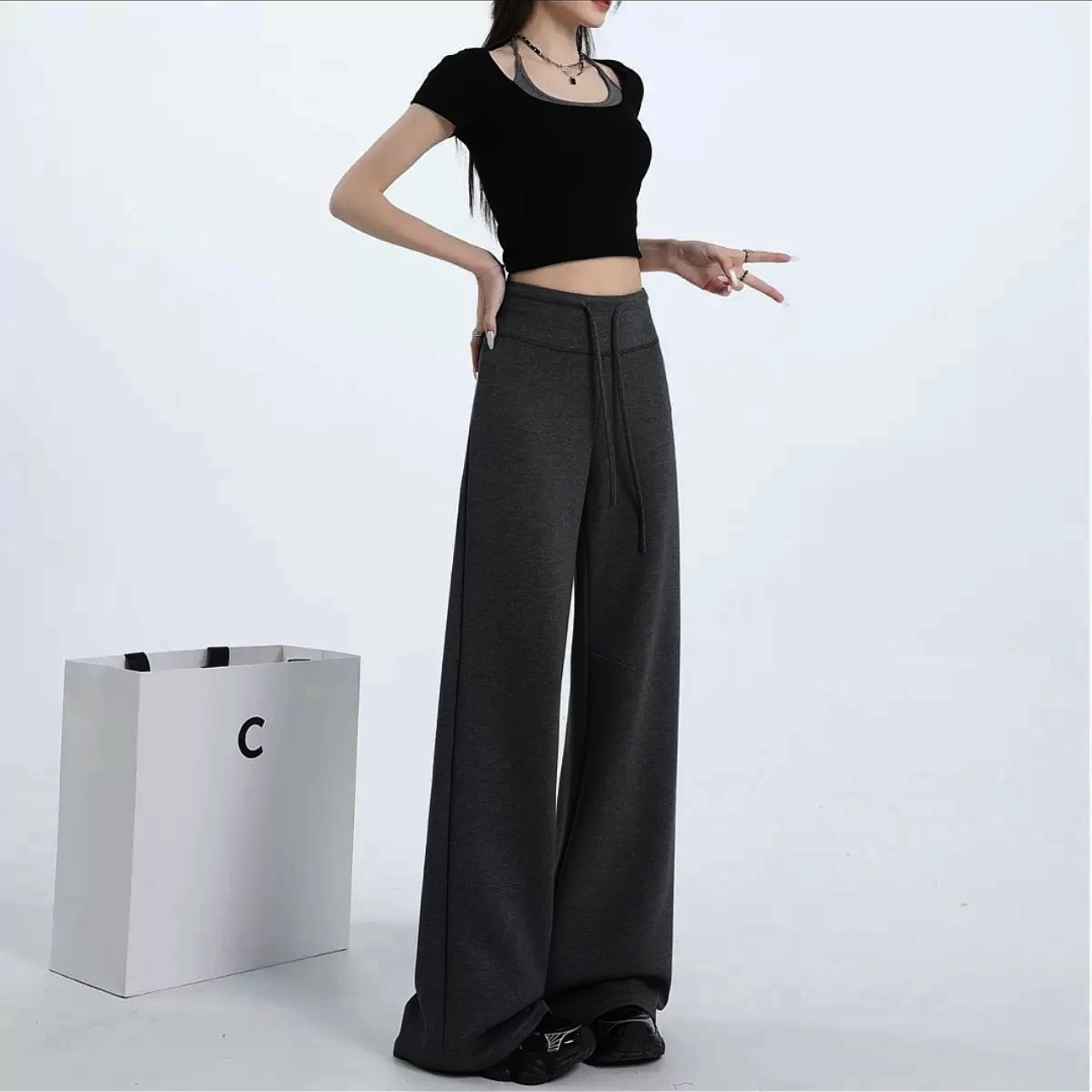 瑜伽运动裤女2025秋冬新款窄版直筒卫裤微喇垂垂灰色阔腿拖地裤
