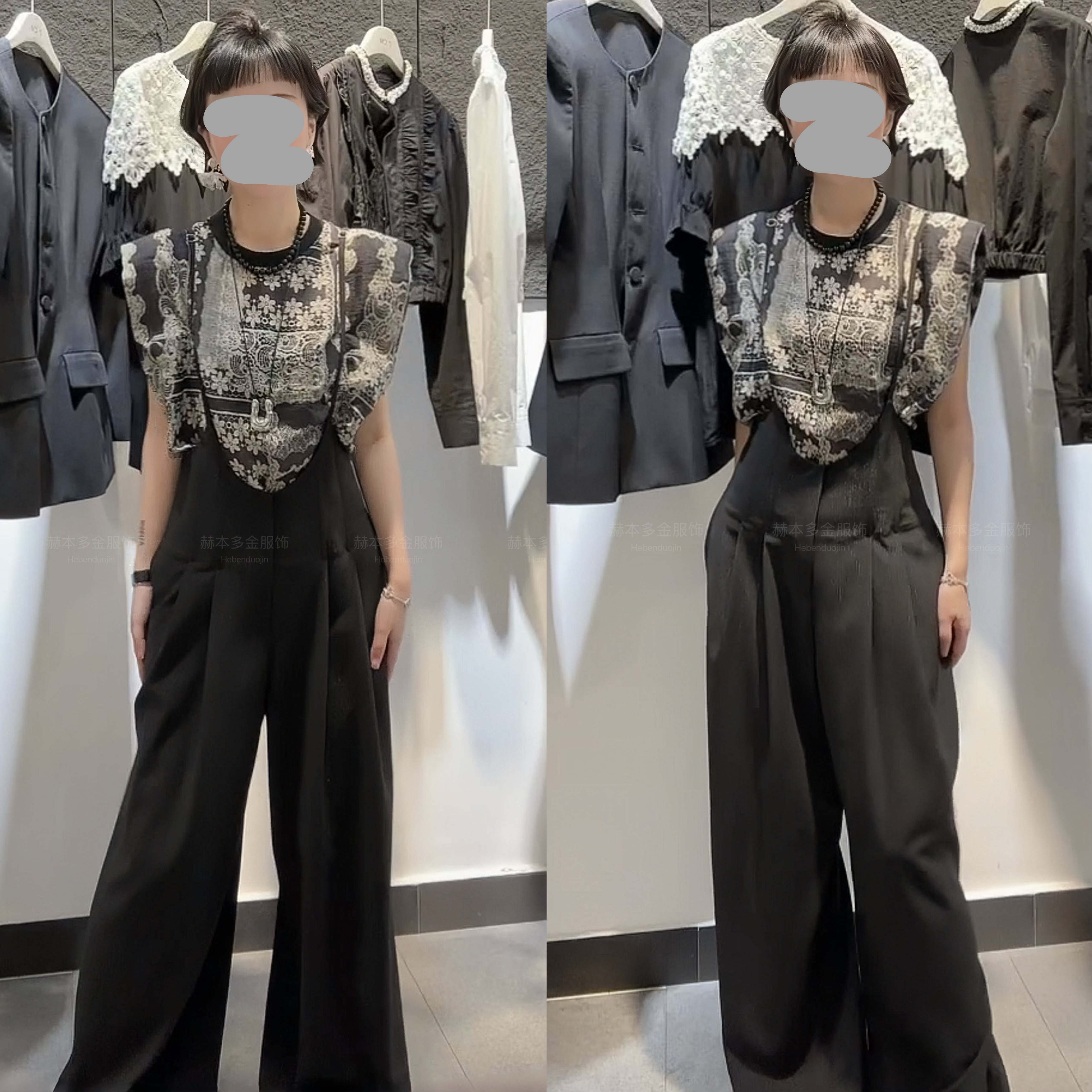 2025夏季轻奢减龄花色无袖上衣显瘦百搭休闲阔腿背带裤气质套装女